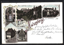 Lithographie Nürnberg, Dürerdenkmal, Dürerhaus, Die Burg  - Nürnberg