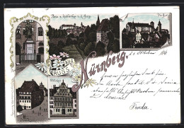 Lithographie Nürnberg, Dürerdenkmal, Dürerhaus, Die Burg  - Nuernberg