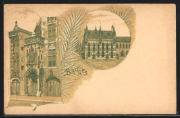 Lithographie Bruges, Bibliotheque Publique, Hôtel De Ville  - Other & Unclassified