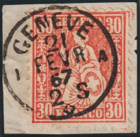 Schweiz Sitzende Helvetia 30 Rp. SBK#33 Genève 1867-02-21auf Briefstück - Gebruikt