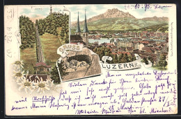 Lithographie Luzern, Gütsch-Bergbahn, Löwendenkmal  - Lucerne