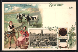 Lithographie Fribourg, Pärchen Auf Der Alm, Ortsansicht, Reklame Chocolat Suchard  - Fribourg