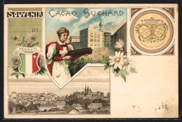 Lithographie Neuchatel, Kakao Suchard, Frau In Tracht, Ortsansicht, Wappen  - Sonstige & Ohne Zuordnung