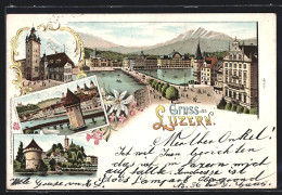 Lithographie Luzern, Teilansicht Gegen Die Berge, Rathaus, Gedeckte Brücke Mit Turm  - Luzern