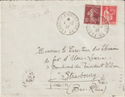 1937- ALSACE - CACHET AMBULANT FERRETTE A MULHOUSE 2° (IND 7) ENVELOPPE => STRASBOURG - Correo Ferroviario