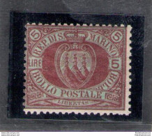 1892-94 SAN MARINO, Catalogo Sassone N. 22a - 5 Lire Carminio Su Verde Scuro - MNH** - Certificato Bolaffi Storico - Other & Unclassified