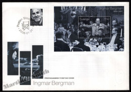 Sweden FDC 2008 Yvert 2604 + BF39, Cinema, Ingmar Bergman - Stamp + Miniature Sheet - FDC