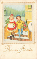 FETES ET VOEUX - Nouvel An - Deux Enfants Descendant Les Escaliers Avec Un Panier - Colorisé - Carte Postale Ancienne - Neujahr