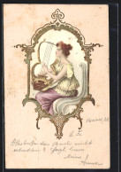 Präge-Lithographie Junge Dame Mit Harfe, Jugendstil  - Other & Unclassified