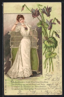 Lithographie Junge Frau In Weissem Kleid Mit Violetter Blume, Jugendstil  - Other & Unclassified