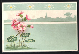 AK Wiesenstück Mit Blumen, Stadtsilhouette, Jugendstil  - Other & Unclassified