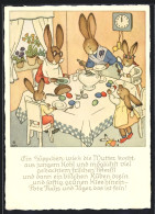 Künstler-AK Ein Süppchen, Wie`s Die Mutter Kocht... Familie Osterhase Am Tisch  - Easter