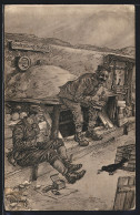Künstler-AK Soldaten Im Schützengraben Bei Einer Mahlzeit  - Guerra 1914-18