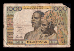 West African St. Senegal 1000 Francs ND (1959-1965) Pick 703Kf Bc/Mbc F/Vf - États D'Afrique De L'Ouest