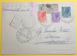 1955 CHIESANOVA RACCOMANDATA CON R.R. SU INTERO POSTALE 20 LIRE SIRACUSANA E COMPLEMENTARI X AN - 1946-60: Storia Postale