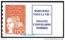 France Autoadhésif ** N°   16,aa Ou 3101 Aa ** Luquet. Marianne Du 14 Juillet Le 1f00 Orange + Vignette - Neufs