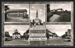 AK Karlsdorf / Bruchsal, Strassenpartien Mit Kirche Und Autos  - Bruchsal