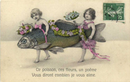 Illustrateur 1er Avril  Fillette Portanr Un Gros Poisson Ce Poisson Ces Feurs Un Poéme Vous Ditont Que Je Vous Aime   RV - 1er Avril - Poisson D'avril