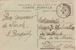 1926 - MOSELLE - CACHET AMBULANTSIERCK A THIONVILLE (IND 7 !) CP De SIERCK => VILLERUPT - Posta Ferroviaria