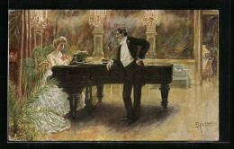 Künstler-AK Edward Cucuel: Dame In Abendkleid Am Flügel  - Other & Unclassified