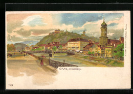 Lithographie Graz, Blick Von Der Mur Zum Schlossberg  - Sonstige & Ohne Zuordnung