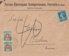 1921 - ALSACE - CACHET AMBULANT RARE MULHOUSE A FERRETTE 1° (IND 12 !) ENVELOPPE TAXEE ! => BADEN (SUISSE) ! - Bahnpost