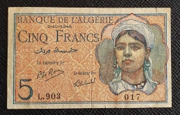 Algeria Banque De L'Algérie 1944 Banknote 5 Francs P-94b Circulated + FREE GIFT - Argelia