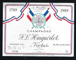 Etiquette Champagne Brut  1er Cru Blanc De Blancs  1789-1989  La Marseillaise   F L Hinguerlot Vertus Marne 51 - Champagner