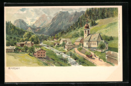 Künstler-AK Ramsau / Berchtesgaden, Ortsmitte Mit Brücke Und Kirche  - Berchtesgaden