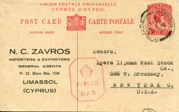 1945 Cyprus Limassol Censor M/5 Postal Card To USA - Otros & Sin Clasificación