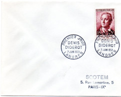 ECRIVAIN / DIDEROT = 52 LANGRES 1958 = CACHET PREMIER JOUR N° 1168 Sur ENVELOPPE ENTIERE - Schrijvers