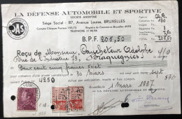 Belgique 1937 Facture Cotisation Auto - Documenti