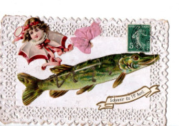 Carte Ajoutis Souvenir Du 1er Avril Poissin Fillette Petit Noeud Rose Broderies RV - 1° Aprile (pesce Di Aprile)