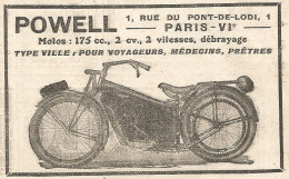 Motocicletta 175 Cc. POWELL - Pubblicitï¿½ Del 1925 - Old Advertising - Reclame