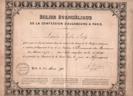 DIPLOME BREVET BAPTEME EGLISE EVANGELIQUE CONFESSION D AUGSBOURG A PARIS 1872 - Diplomas Y Calificaciones Escolares