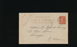 ENTIER POSTAL SEMEUSE - Hôtel De France Angers Vers Limoges - Letter Cards