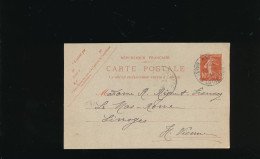 ENTIER POSTAL SEMEUSE - Hôtel De France Angers Vers Limoges - Kaartbrieven