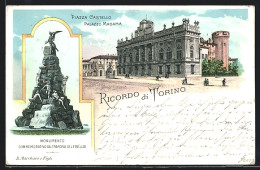 Lithographie Torino, Piazza Castello, Palazzo Madama, Monumento Commemorativo Del Traforo Del Fréjus  - Autres & Non Classés