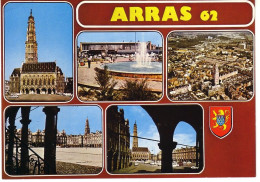 Arras 5 Vues Et Blason ( Beffroi , Gare Et Jet D'eau , Place , Vue Générale ... - Arras