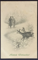 Fröhliche Weihnachten, Pärchen Im Winterwald Und Zwei Rehe, Maschinenstempel München 1909 - Altri & Non Classificati