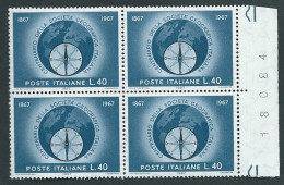 Italia 1967; Società Geografica Italiana, Centenario. Quartina Con Il Numero Del Foglio Sul Bordo Destro. - 1961-70: Mint/hinged