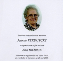 Jeanne  Verduyckt Geb Te Begijnendijk Op 5 Juni 1912 Overl Te Aarschot Op 5 Juni 29 Mei 2006 - Altri & Non Classificati