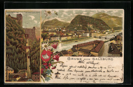 Lithographie Salzburg, Hohensalzburg Mit Drahtseilbahn, Ortsansicht  - Other & Unclassified