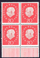 304 Heuss III 20 Pf UR-Viererbl. ** Postfrisch - Unused Stamps