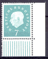 302 Heuss III 7 Pf Ecke Ur ** Postfrisch - Unused Stamps