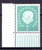 302 Heuss III 7 Pf Ecke Ul ** Postfrisch - Unused Stamps