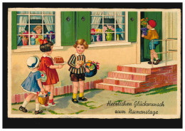 Ansichtskarte Namenstag Kinder Bringen Geschenke Kuchen Blumen, WIEN 19.3.1937 - Other & Unclassified