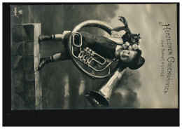 Foto-Ansichtskarte Namenstag Junge Mit übergroßem Horn, IMMENSTADT 10.11.1916  - Autres & Non Classés