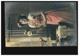 Ansichtskarte Namenstag Frau Mit Weißen Rosen, Coloriert, M.GLADBACH 26.7.1913 - Andere & Zonder Classificatie