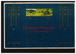 Prägekarte Namenstag Symbole Mit Bild Dorfidylle Und Wald, LANDSHUT 5.11.1907 - Autres & Non Classés